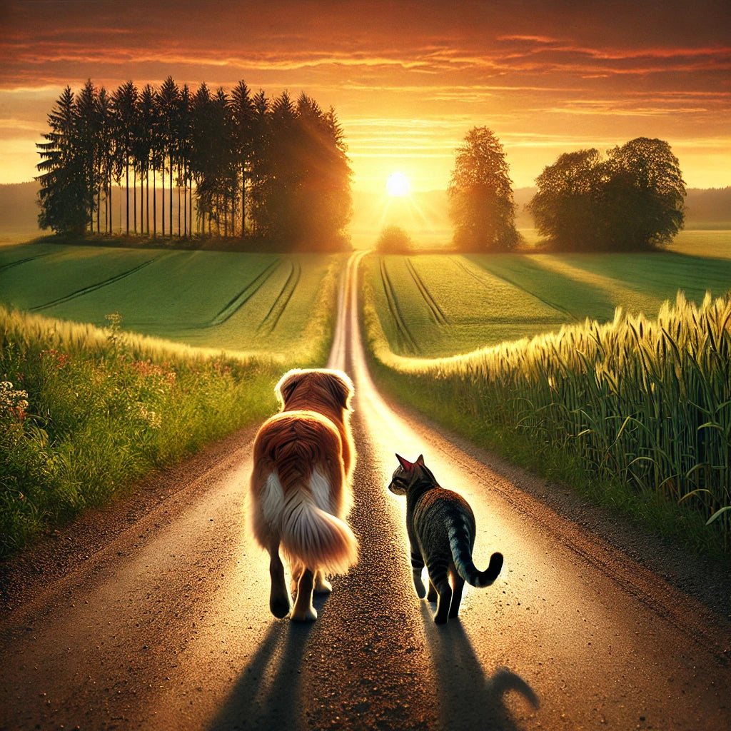 DALL_E_2024-08-31_16.41.59_-_A_realistic_photo_of_a_dog_and_a_cat_walking_away_together_on_a_country_road._The_road_is_surrounded_by_lush_green_fields_and_tall_trees_with_a_stunni.webp